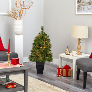 3.5’ Golden Tip Washington Pine Artificial Christmas Tree with 50 Clear Lights, Pine Cones and 148 Bendable Branches in Black Metal Planter
