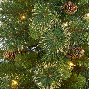 3.5’ Golden Tip Washington Pine Artificial Christmas Tree with 50 Clear Lights, Pine Cones and 148 Bendable Branches in Black Metal Planter