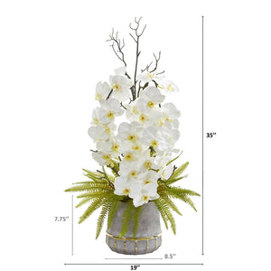 35” Phalaenopsis Orchid and Fern Artificial Arrangement in Stoneware Vase with Gold Trimming
