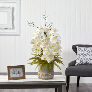 35” Phalaenopsis Orchid and Fern Artificial Arrangement in Stoneware Vase with Gold Trimming