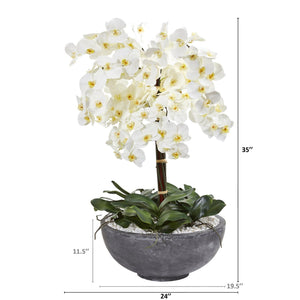 35” Phalaenopsis Orchid Artificial Arrangement in Large Cement Bowl