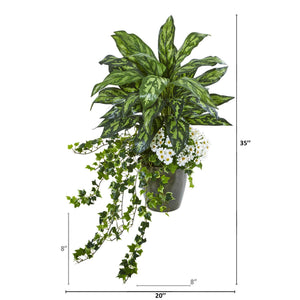 35” Silver King, Ivy and Daisy Artificial Plant in Decorative Planter