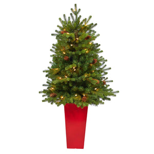 3.5’ Yukon Mountain Fir Artificial Christmas Tree with 50 Clear Lights and Pine Cones in Red Planter