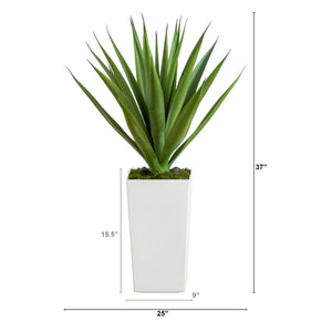37" UV Resistant Artificial Agave Plant in White Tower Planter (Indoor/Outdoor)