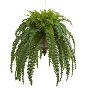 39” Boston Fern Artificial Plant in Metal Hanging Bowl