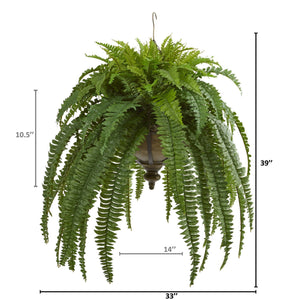 39” Boston Fern Artificial Plant in Metal Hanging Bowl