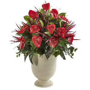 39” Mixed Anthurium Artificial Plant in Decorative Urn