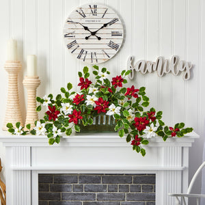 39” Poinsettia and Variegated Holly Artificial Plant in Decorative Planter (Real Touch)