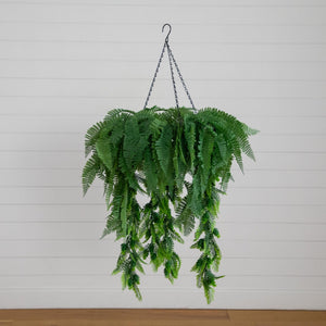 39” UV Resistant Artificial Mixed Ferns Plant in Hanging Ring (Indoor/Outdoor)