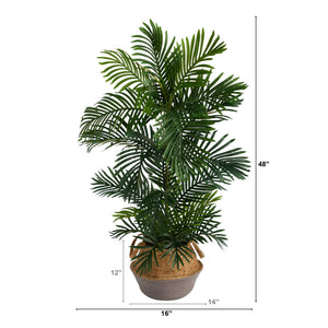 4’ Areca Palm Tree in Boho Chic Handmade Cotton & Jute Gray Woven Planter UV Resistant
