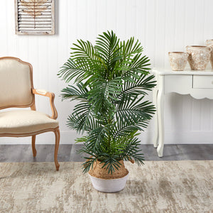 4’ Areca Palm Tree in Boho Chic Handmade Cotton & Jute White Woven Planter UV Resistant
