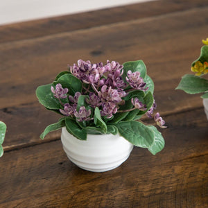 4” Artificial Mini Hydrangea Plant in White Decorative Oval Planter - Set of 4