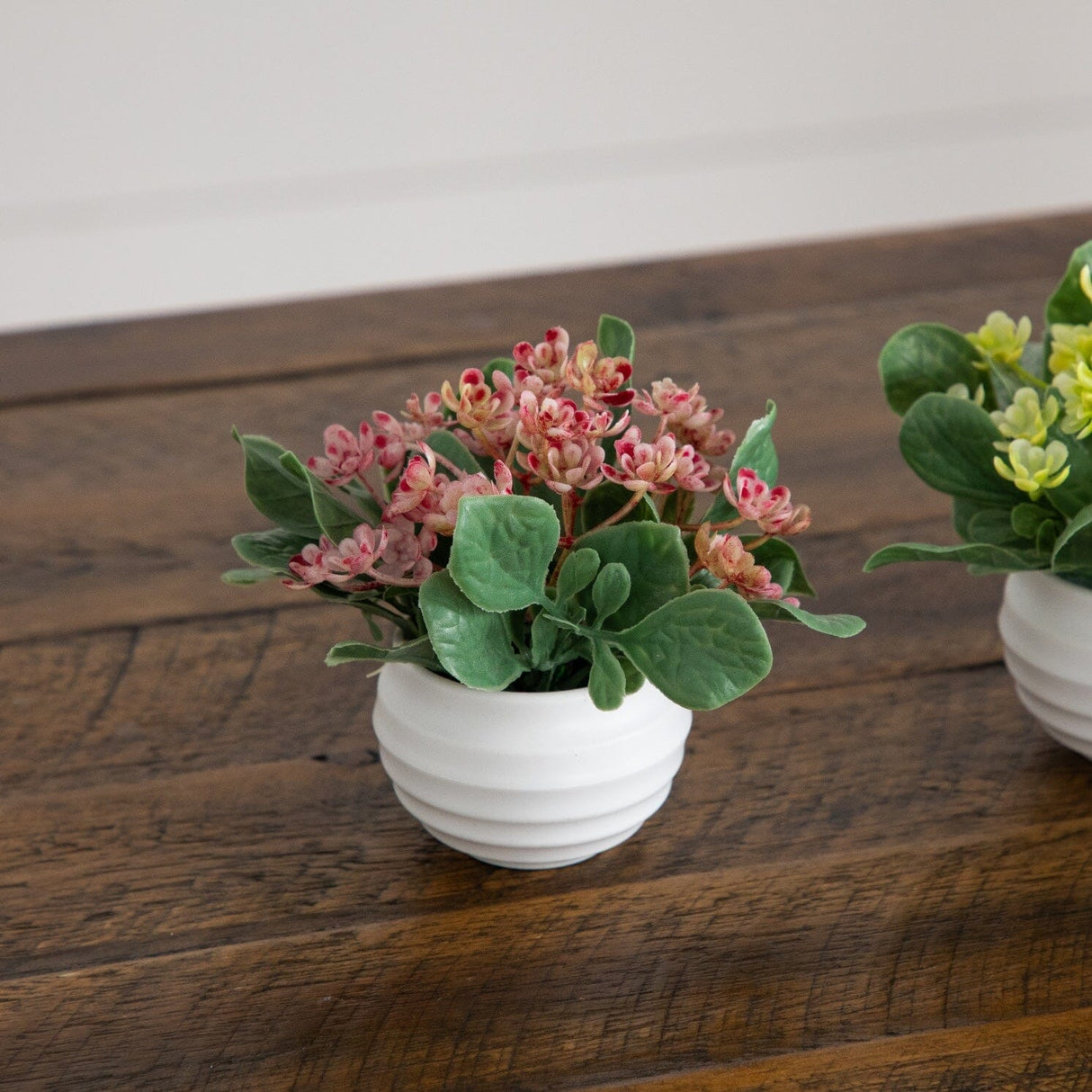 4” Artificial Mini Hydrangea Plant in White Decorative Oval Planter - Set of 4