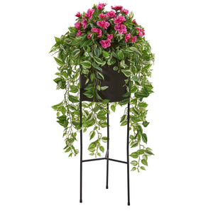 4’ Azalea and Wandering Jew Artificial Plant in Stand Black Planter