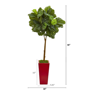 4’ Fiddle Leaf Artificial Tree in Red Planter (Real Touch)