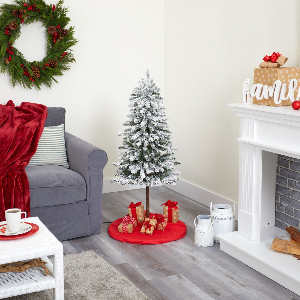 4’ Flocked Alpine Artificial Christmas Tree with 100 Lights and 260 Bendable Branches