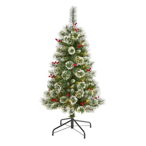4’ Frosted Swiss Pine Artificial Christmas Tree with 100 Clear LED Lights and Berries