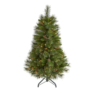4’ Golden Tip Washington Pine Artificial Christmas Tree with 100 Clear Lights, Pine Cones and 336 Bendable Branches