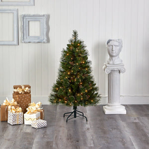 4’ Golden Tip Washington Pine Artificial Christmas Tree with 100 Clear Lights, Pine Cones and 336 Bendable Branches