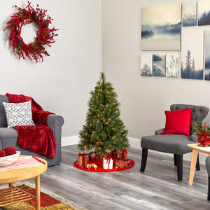 4’ Golden Tip Washington Pine Artificial Christmas Tree with 100 Clear Lights, Pine Cones and 336 Bendable Branches