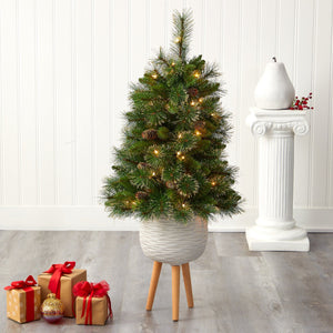 4’ Golden Tip Washington Pine Artificial Christmas Tree with 50 Clear Lights, Pine Cones and 148 Bendable Branches in White Planter with Stand