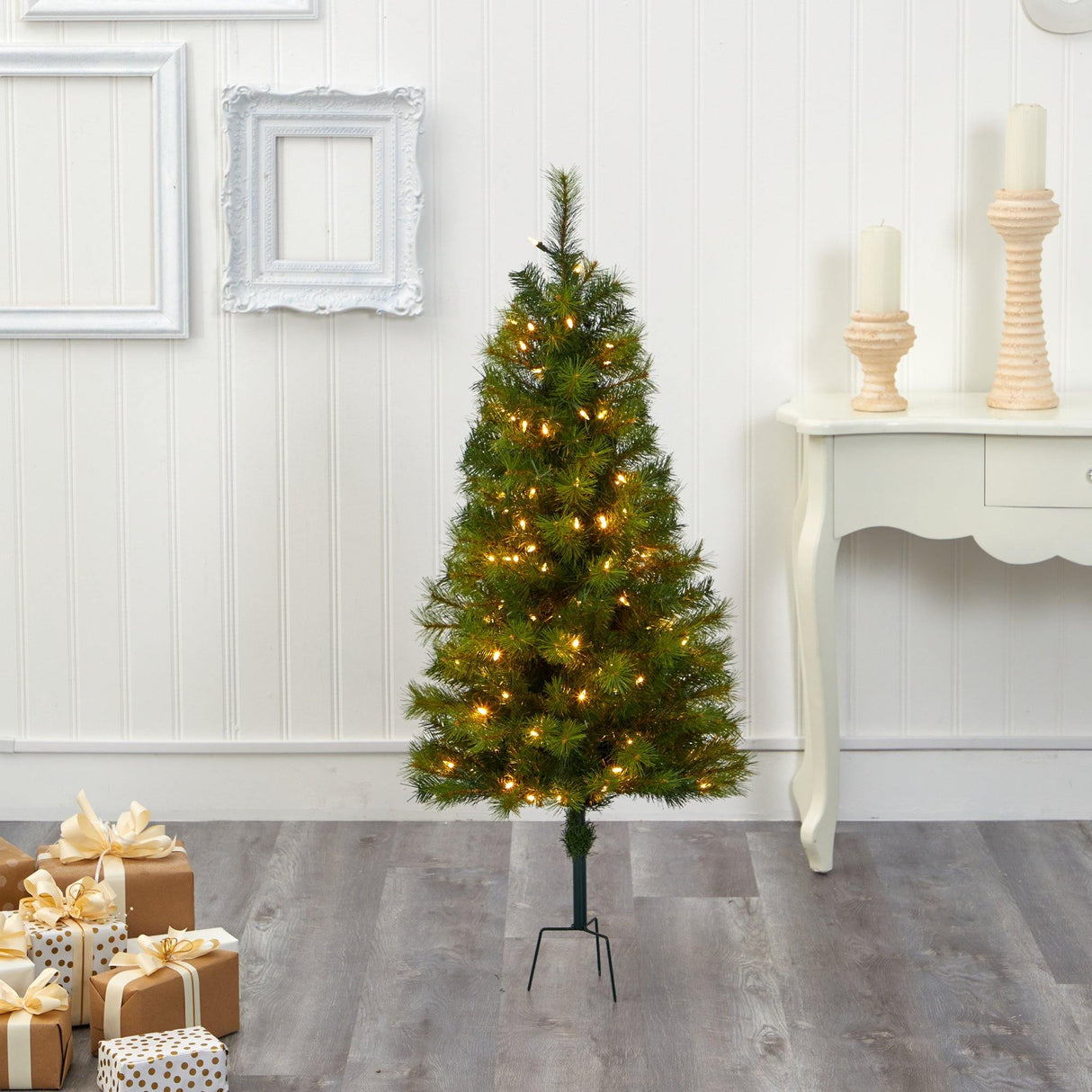 4’ Green Valley Pine Artificial Christmas Tree with 100 Warm White LED Lights and 201 Bendable Branches
