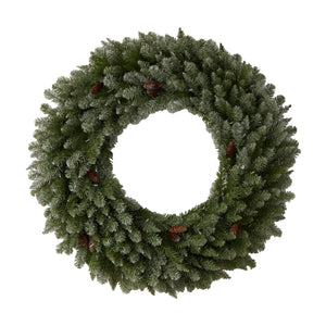 4’ Large Flocked Christmas Wreath with Pinecones, 150 Clear LED Lights and 330 Bendable Branches
