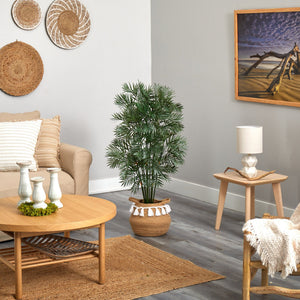 4' Parlor Palm Artificial Tree in Boho Chic Handmade Natural Cotton Woven Planter with Tassels