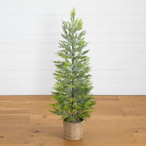 4’ Pre-Lit Artificial Snowed Cypress Christmas Tree with 120 LED Lights in Hyacinth Basket