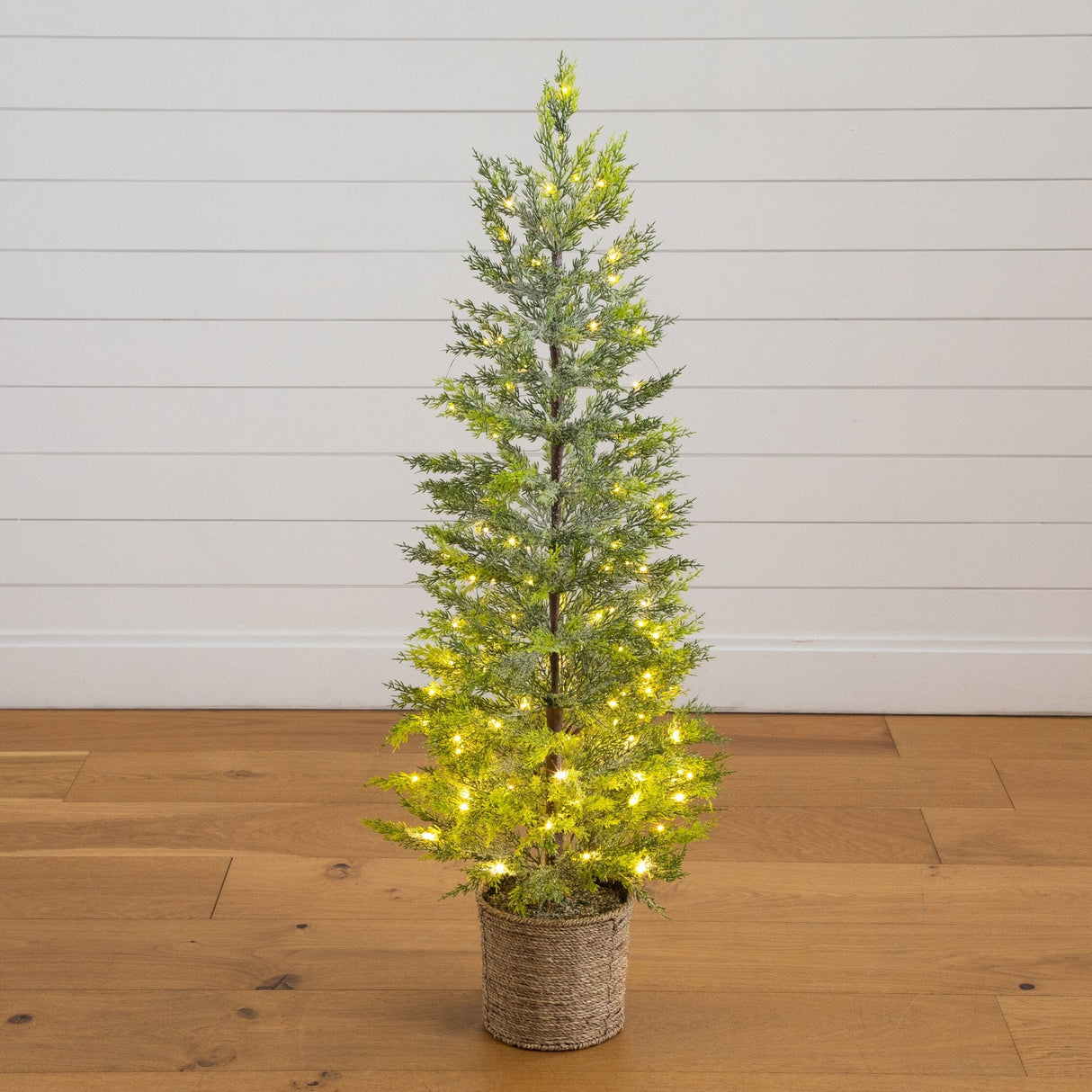 4’ Pre-Lit Artificial Snowed Cypress Christmas Tree with 120 LED Lights in Hyacinth Basket