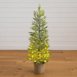 4’ Pre-Lit Artificial Snowed Cypress Christmas Tree with 120 LED Lights in Hyacinth Basket