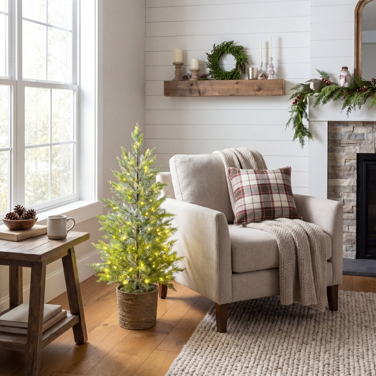 4’ Pre-Lit Artificial Snowed Cypress Christmas Tree with 120 LED Lights in Hyacinth Basket