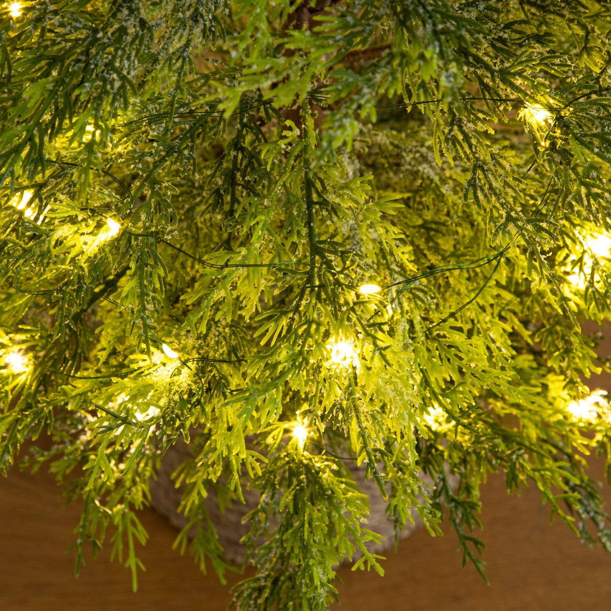 4’ Pre-Lit Artificial Snowed Cypress Christmas Tree with 120 LED Lights in Hyacinth Basket