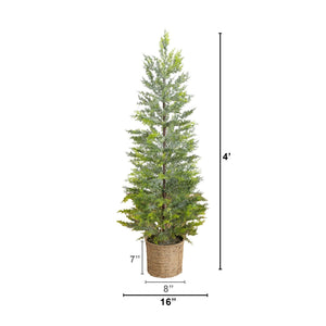 4’ Pre-Lit Artificial Snowed Cypress Christmas Tree with 120 LED Lights in Hyacinth Basket