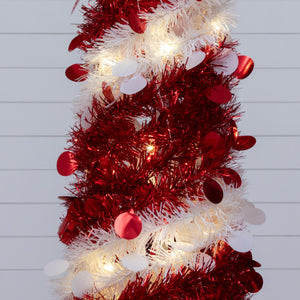 4' Pre-Lit Pop up Red & White Tinsel Christmas Tree with 50 LED Lights