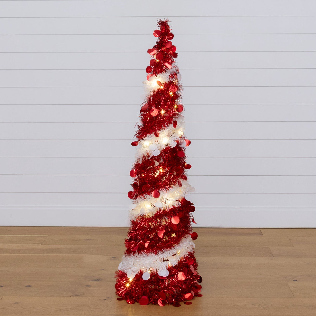 4' Pre-Lit Pop up Red & White Tinsel Christmas Tree with 50 LED Lights