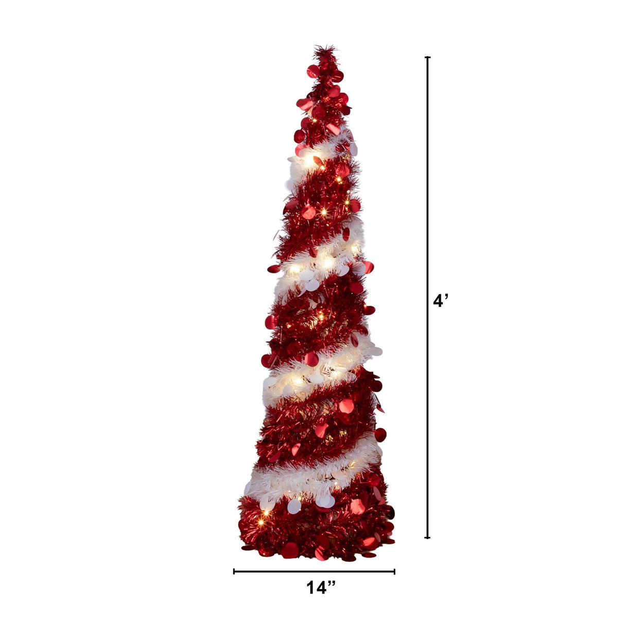 4' Pre-Lit Pop up Red & White Tinsel Christmas Tree with 50 LED Lights