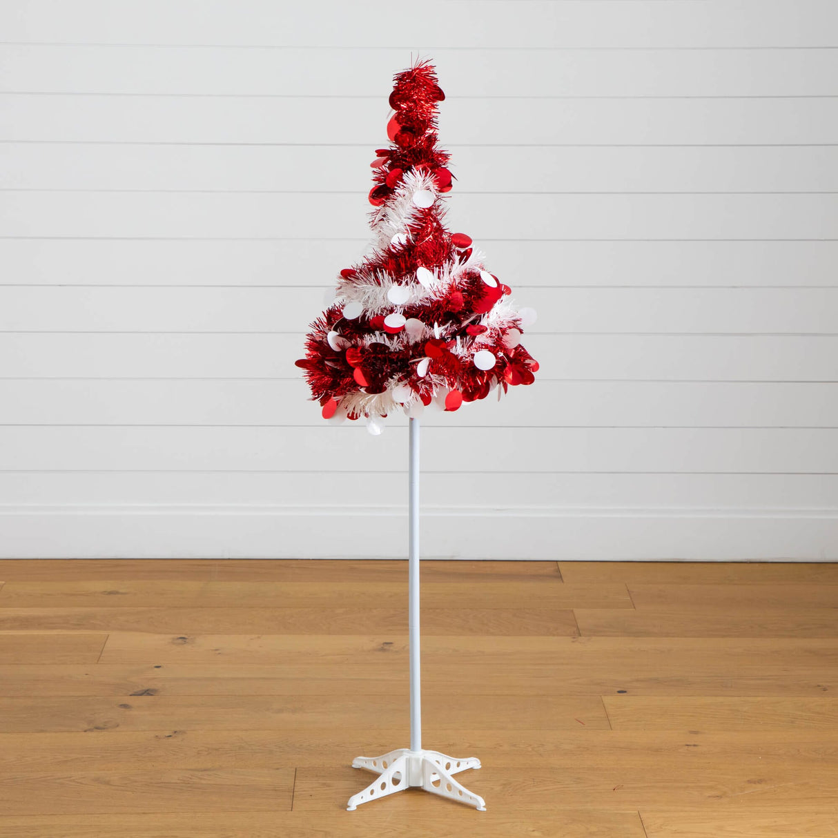 4' Pre-Lit Pop up Red & White Tinsel Christmas Tree with 50 LED Lights