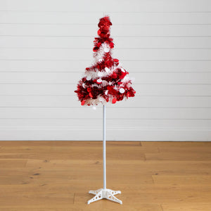 4' Pre-Lit Pop up Red & White Tinsel Christmas Tree with 50 LED Lights