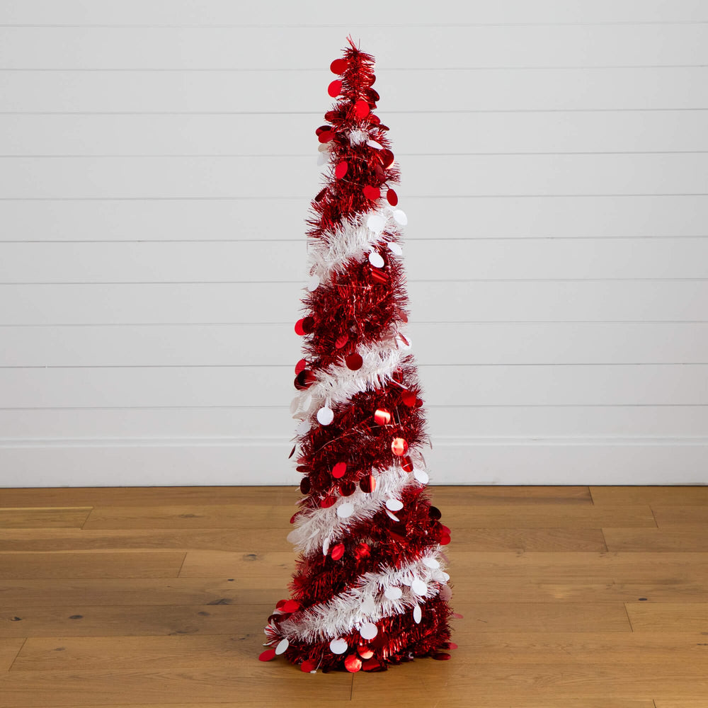 4' Pre-Lit Pop up Red & White Tinsel Christmas Tree with 50 LED Lights