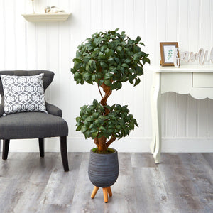 4’ Sweet Bay Double Ball Topiary Artificial Tree in Gray Planter with Stand
