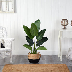 4’ Travelers Palm Artificial Tree in Boho Chic Handmade Cotton & Jute Black Woven Planter