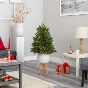4’ Washington Fir Artificial Christmas Tree with 50 Clear Lights in White Planter with Decorative Planter Stand