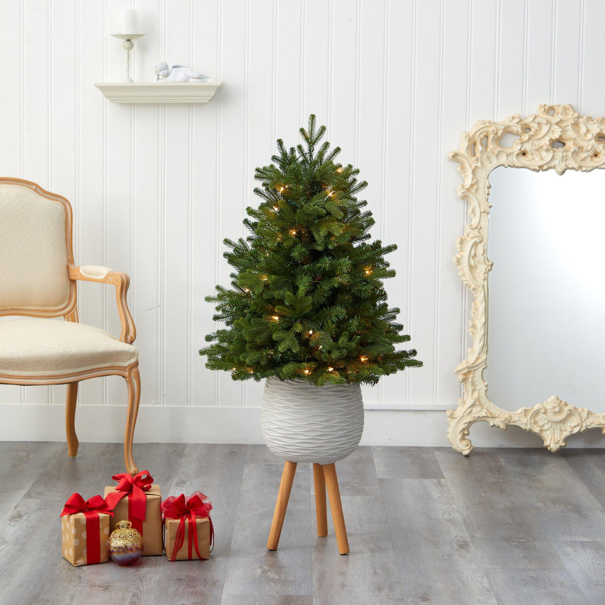 4’ Washington Fir Artificial Christmas Tree with 50 Clear Lights in White Planter with Decorative Planter Stand