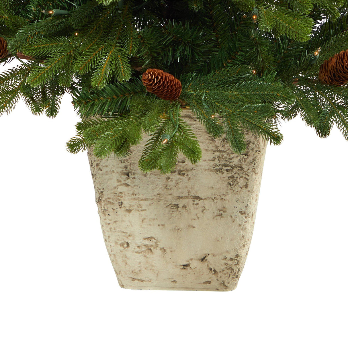 4’ Yukon Mountain Fir Artificial Christmas Tree with 100 Clear Lights, Pine Cones and 386 Bendable Branches in Country White Planter