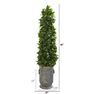 40” Sweet Bay Cone Topiary Artificial Tree  in Vintage Metal Planter
