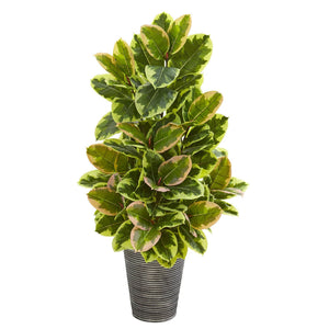 42” Rubber Leaf Artificial Plant in Tin Planter with Black Pattern (Real Touch)