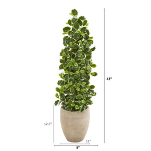 42” Variegated Holly Leaf Artificial Tree in Sand Colored Planter (Real Touch)