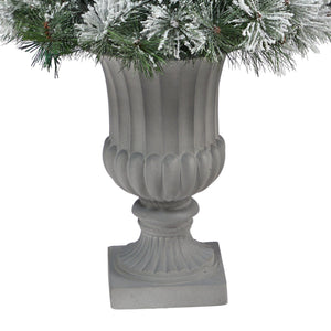 44” Flocked Oregon Pine Artificial Christmas Tree with 50 Clear Lights and 113 Bendable Branches in Decorative Urn