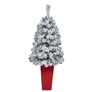 44” Flocked Rock Springs Spruce Artificial Christmas Tree with 50 Clear LED Lights in Red Tower Planter